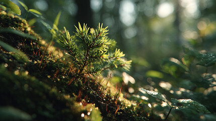 A small pine tree growing on a mossy forest floor scene.