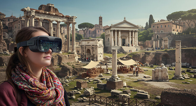 A woman using AR glasses to view a digital reconstruction of ancient Roman structures seamlessly integrated with the present-day ruins at a historical forum.