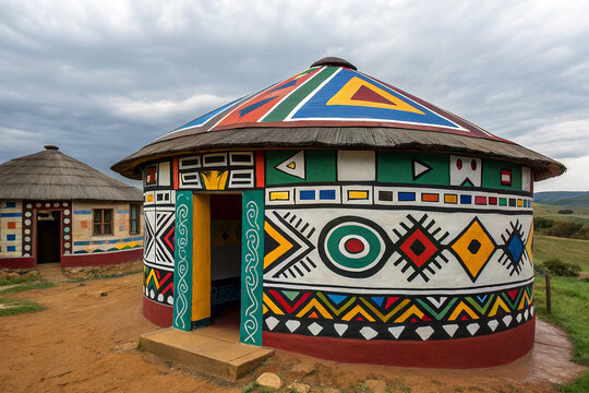 Roundavel in ethnic Ndebele painting style. South Africa. Tribal art. Rondavels - african traditional houses. Modern boho chic.