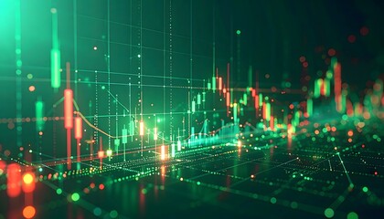 Bull market concept with a futuristic 3D holographic candlestick chart on a glowing green background. Illustrates financial growth, stock market success, and positive trading data visualization.