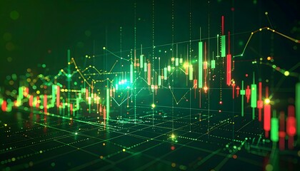 Bull market concept with a futuristic 3D holographic candlestick chart on a glowing green background. Illustrates financial growth, stock market success, and positive trading data visualization.