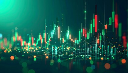 Bull market concept with a futuristic 3D holographic candlestick chart on a glowing green background. Illustrates financial growth, stock market success, and positive trading data visualization.