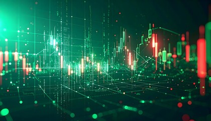 Bull market concept with a futuristic 3D holographic candlestick chart on a glowing green background. Illustrates financial growth, stock market success, and positive trading data visualization.