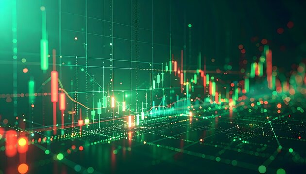 Bull market concept with a futuristic 3D holographic candlestick chart on a glowing green background. Illustrates financial growth, stock market success, and positive trading data visualization.