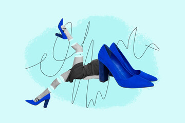 Contemporary image art collage of anonym girl instead head blue high heels fashion depilation...