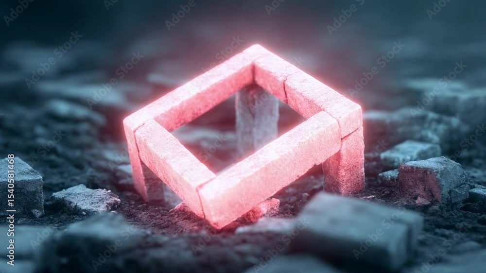 Aufkleber the enigmatic cube: a glowing geometric form rises amidst shattered remnants, its pulsating red ligh