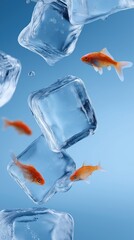 Goldfish swimming amidst floating ice cubes in clear water