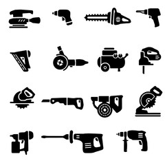 Black Silhouette Power Tools Icon Set: Drills, Saws, Sanders, Nail Gun, Compressor