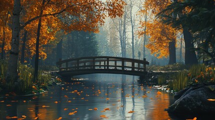 Autumnal Serenity: A Tranquil Bridge Over a Still Stream