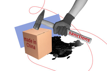 Trend artwork collage template composite of hand hold hammer sanctions attack box made in china...