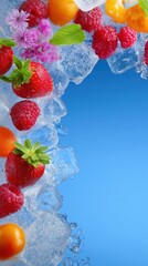 Fresh berries and ice cubes on a vibrant blue background