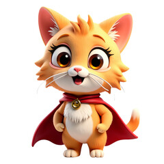 Cute animated orange tabby cat with big brown eyes wearing a red cape and golden bell collar standing on a white background.