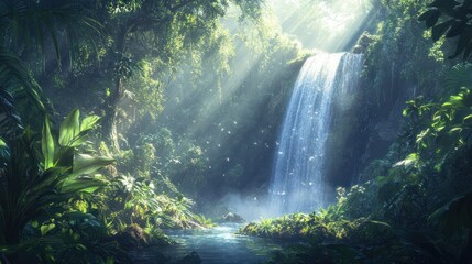 Enchanted Waterfall in Lush Tropical Rainforest