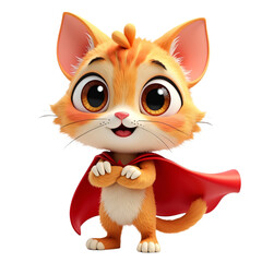Cute animated orange kitten with big expressive eyes and pink nose wearing a red cape and standing on two paws with a playful and adventurous superhero costume on a transparent background