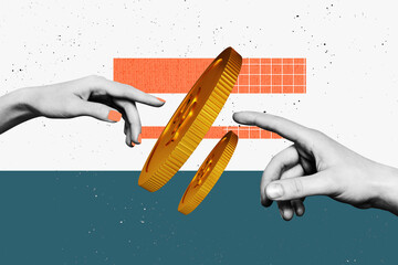 Creative full artwork pop collage of hands point golden dollar coin payment finance capital profit...