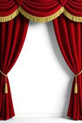 Deep red velvet drapes, golden fringe, unveil bright white space, curtains, opening, show