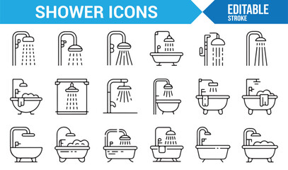 Vector Set of Shower and Bathtub Icons Representing Water Flow and Bathing Fixtures