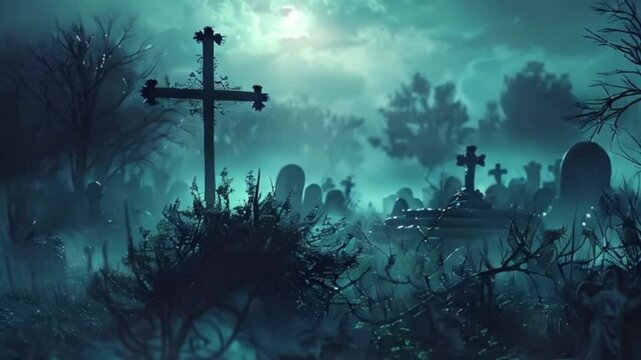Fantastically mysterious cemetery with tombstones and terribly scary atmosphere, abstract vivid composition consists of fictional unreal fantastic vision on background