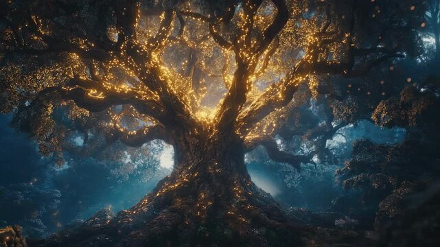 Magical golden lights are illuminating yggdrasil, the immense and sacred tree connecting the nine worlds in norse cosmology, creating a breathtaking spectacle in the twilight