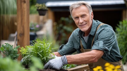 A man is smiling while tending to a garden