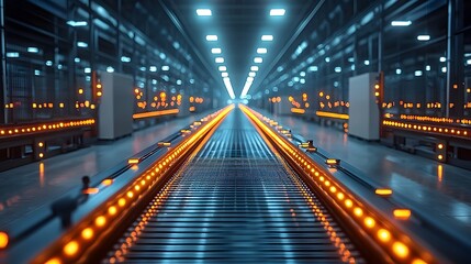 Futuristic industrial warehouse with automated conveyor belts transporting goods for distribution