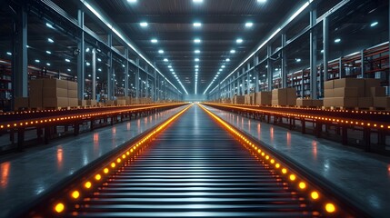 Fototapeta premium Futuristic industrial warehouse with automated conveyor belts for global distribution