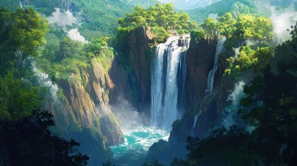 Majestic Waterfall in Lush Tropical Paradise