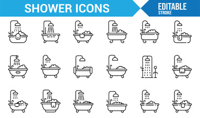 Shower and Bathing Icons Set: Simple Line Art Representing Fixtures and Water