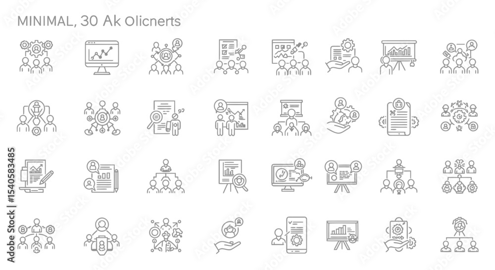 Poster collection of minimal line art icons illustrating business concepts and teamwork