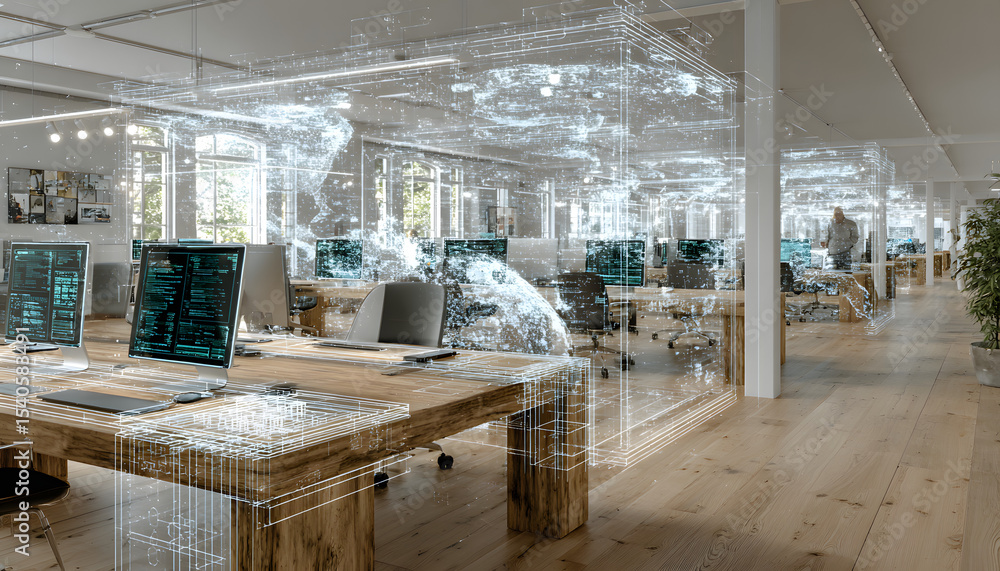 Poster modern office interior showing people working. network connections overlayed on table top. digital t