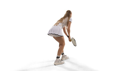 Woman tennis player playing tennis on white background.