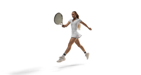 Woman tennis player playing tennis on white background.