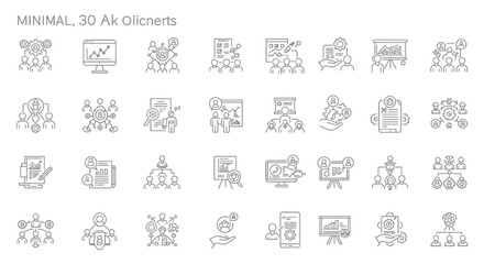 Collection of minimal line art icons illustrating business concepts and teamwork