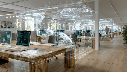 Modern office interior showing people working. Network connections overlayed on table top. Digital transformation and business communication network concept. Generative AI tech displayed.