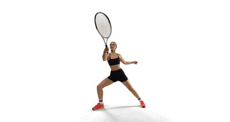 Woman tennis player playing tennis on white background.