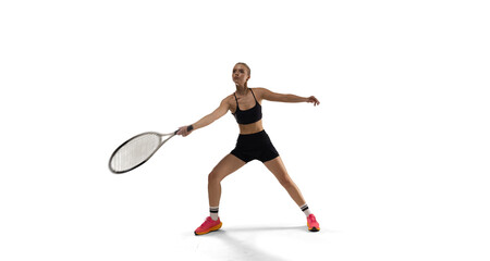 Woman tennis player playing tennis on white background.