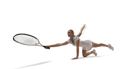 Woman tennis player playing tennis on white background.