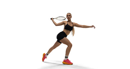 Woman tennis player playing tennis on white background.