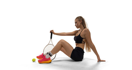 Woman tennis player playing tennis on white background.