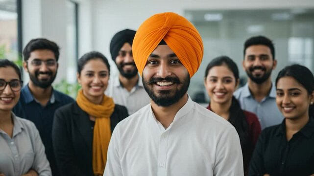 Diverse group people smiling wearing turban corporate portrait