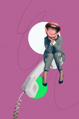 3d sketch trendy vertical art collage of anonym girl guy instead head mouth hold laptop sit...