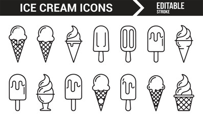 Line Art Ice Cream Icons for Desserts: Cones, Popsicles, and Frozen Treats