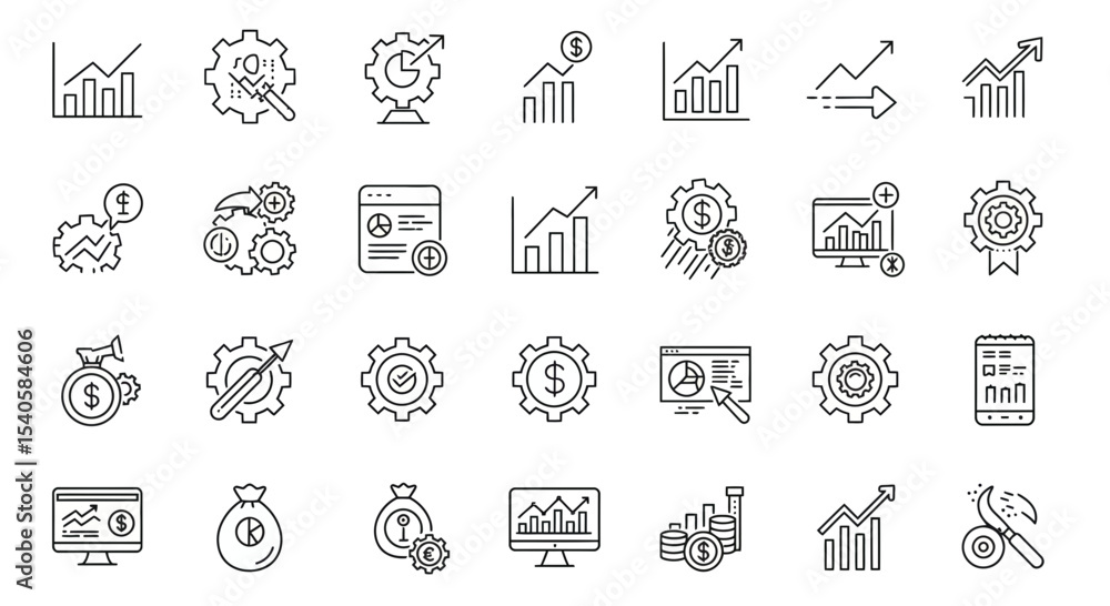 Aufkleber set of linear icons related to business processes and financial performance analysis