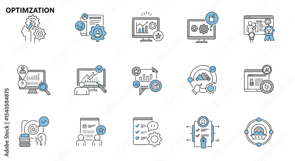 Poster collection of business optimization vector icons illustrating data analysis and process improvement