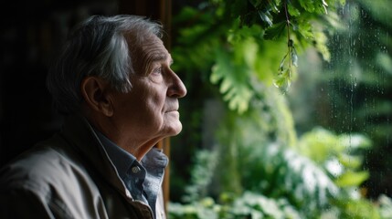 An older man is looking out a window at the rain