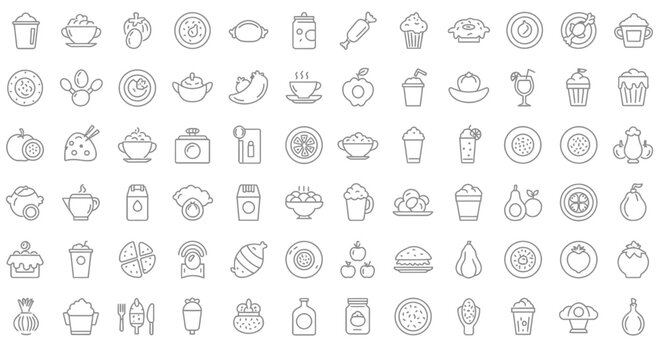 Diverse collection of outline icons showcasing an assortment of food and drink items