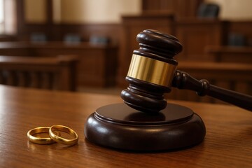 A wooden gavel and wedding rings symbolize justice and marriage in the courtroom.