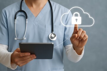 Medical professional securing patient data with digital technology and cloud storage.