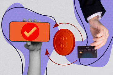 Trend artwork template design 3D collage sketch of hand hold phone transaction coins credit bank card bank wealth cash income salary