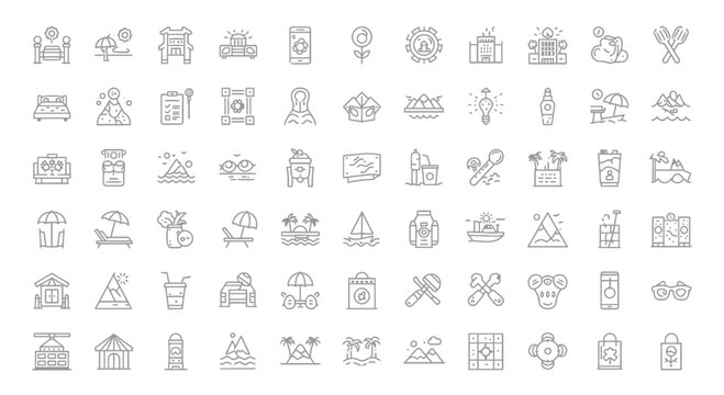 Collection of outline icons related to travel, vacation, and tourist activities